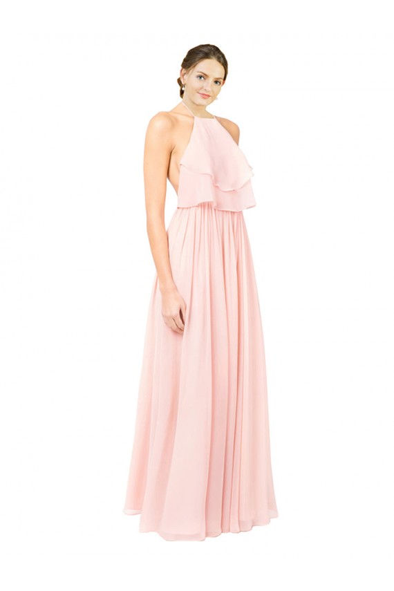 Rosa línea A Halter Gasa Largo Vestidos de dama de honor Outlet
