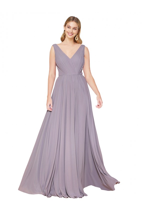 Rosa polvorienta línea A Cuello en V Cuello Alto Gasa Largo Formales Vestidos de dama de honor / Vestidos de fiesta Outlet