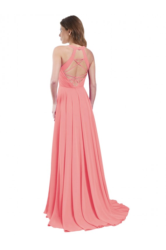 Sandía línea A Halter Gasa Largo Vestidos de dama de honor Outlet