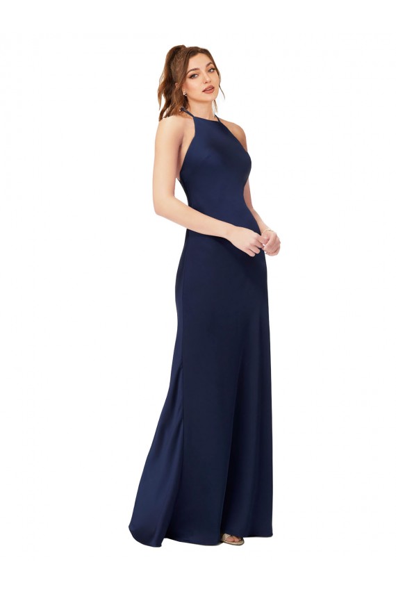 Sapphire Cubierta Cuello Alto Satén sedoso Largo Formales Vestidos de dama de honor / Vestidos de fiesta Outlet