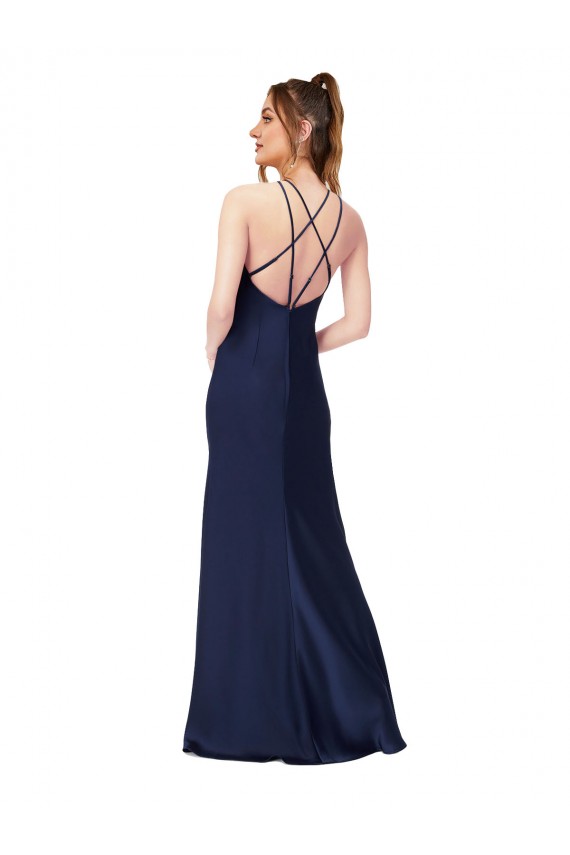 Sapphire Cubierta Cuello Alto Satén sedoso Largo Formales Vestidos de dama de honor / Vestidos de fiesta Outlet