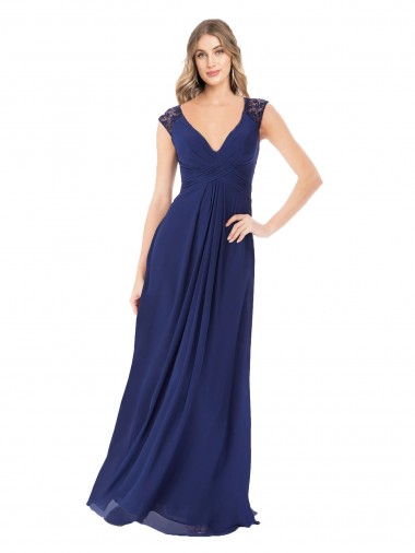 Sapphire línea A Cuello en V Gasa Largo Vestidos de dama de honor Outlet