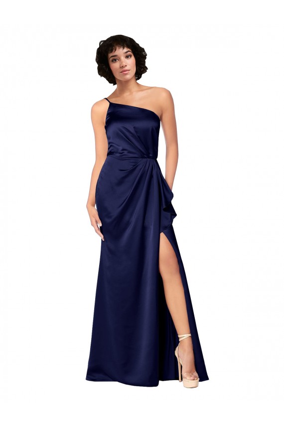 Sapphire línea A Un Hombre Satén sedoso Largo Formales Vestidos de dama de honor / Vestidos de fiesta Outlet