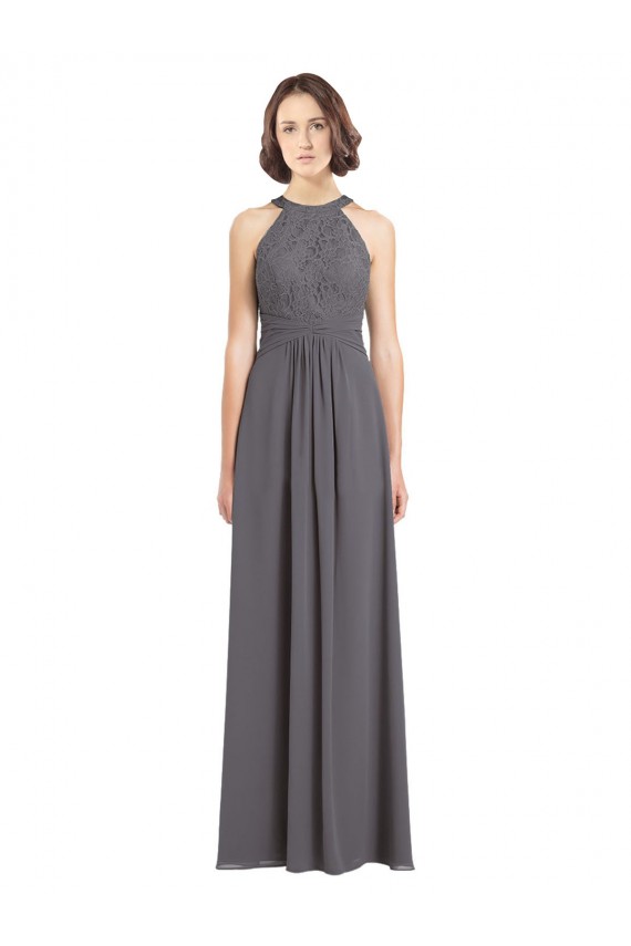 Stormy Silver línea A Halter Gasa Encaje Largo Vestidos de dama de honor Outlet