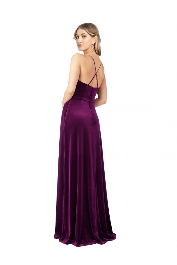Uva línea A Cucharón Cuello en V Terciopelo Elástico Largo Formales Vestidos de dama de honor / Vestidos de fiesta Outlet