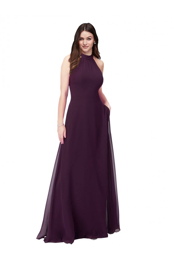 Uva línea A Halter Cuello Alto Gasa Largo Vestidos de dama de honor Outlet