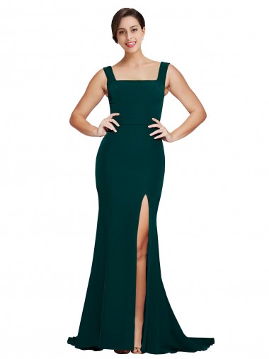 Verde Midnight Cubierta Cuadrado Barrer tren Crepé Elástico Largo Vestidos de dama de honor / Vestidos de fiesta Outlet