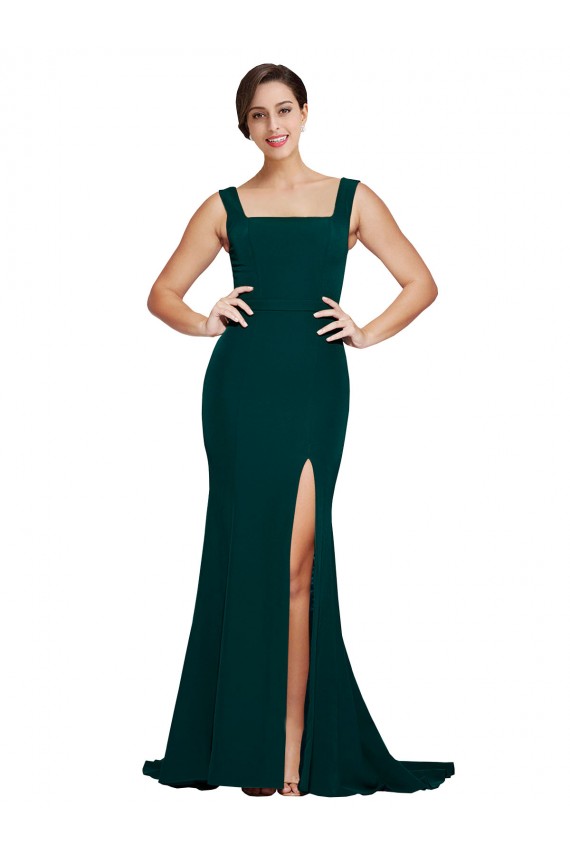 Verde Midnight Cubierta Cuadrado Barrer tren Crepé Elástico Largo Vestidos de dama de honor / Vestidos de fiesta Outlet