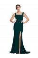 Verde Midnight Cubierta Cuadrado Barrer tren Crepé Elástico Largo Vestidos de dama de honor / Vestidos de fiesta Outlet
