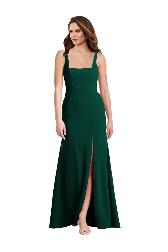 Verde Midnight Trompeta Cuadrado Crepé Elástico Largo Vestidos de dama de honor / Vestidos de fiesta Outlet