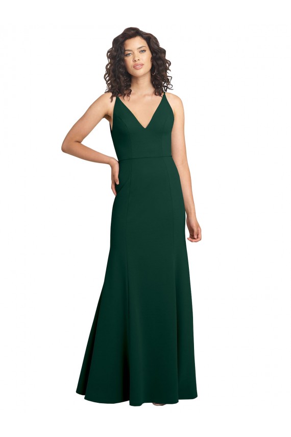 Verde Midnight línea A Cuello en V Crepé Elástico Largo Formales Vestidos de dama de honor / Vestidos de fiesta Outlet