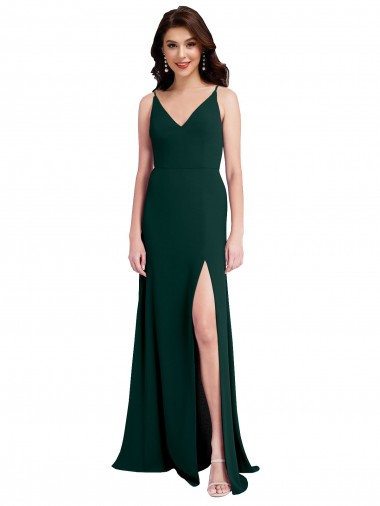 Verde Midnight línea A Cuello en V Crepé Elástico Largo Formales Vestidos de dama de honor / Vestidos de fiesta Outlet