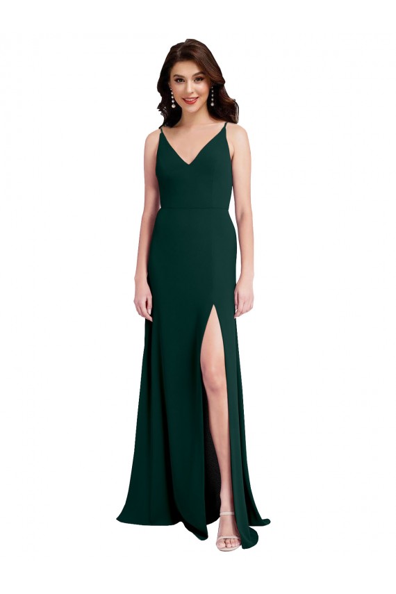 Verde Midnight línea A Cuello en V Crepé Elástico Largo Formales Vestidos de dama de honor / Vestidos de fiesta Outlet