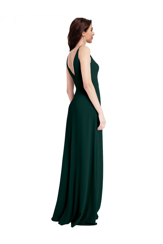 Verde Midnight línea A Cuello en V Crepé Elástico Largo Formales Vestidos de dama de honor / Vestidos de fiesta Outlet