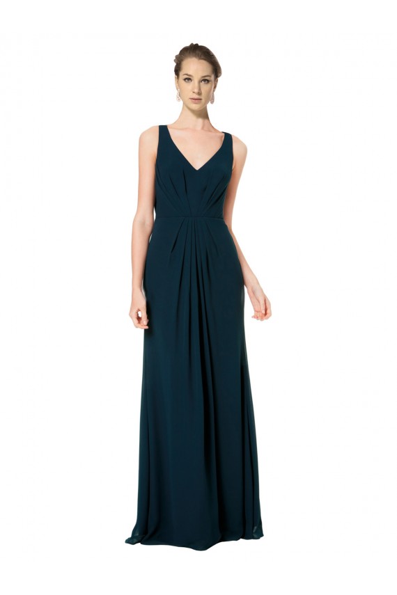 Verde Midnight línea A Cuello en V Gasa Largo Vestidos de dama de honor Outlet
