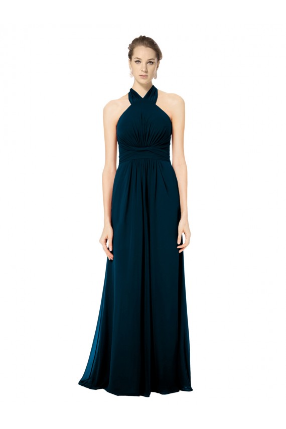 Verde Midnight línea A Halter Gasa Largo Vestidos de dama de honor Outlet