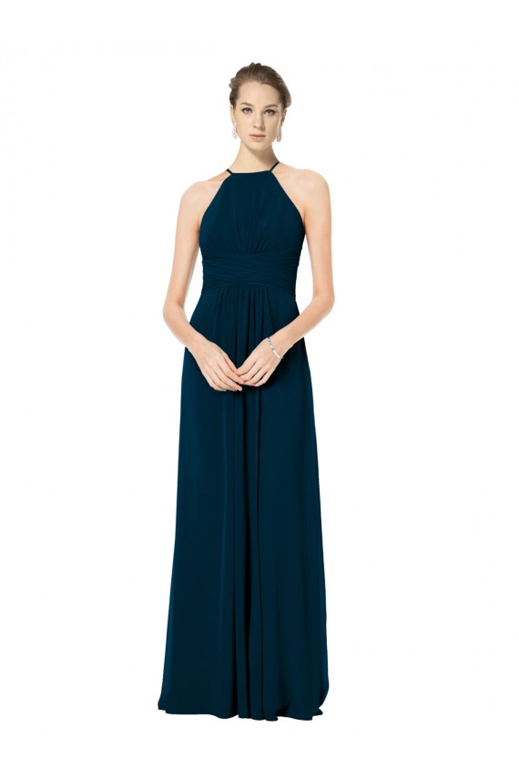 Verde Midnight línea A Tirantes espagueti Halter Gasa Largo Vestidos de dama de honor Outlet