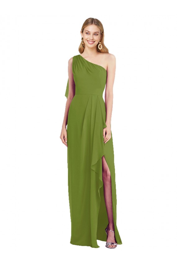 Verde Oliva Trompeta Un Hombre Gasa Largo Vestidos de dama de honor Outlet