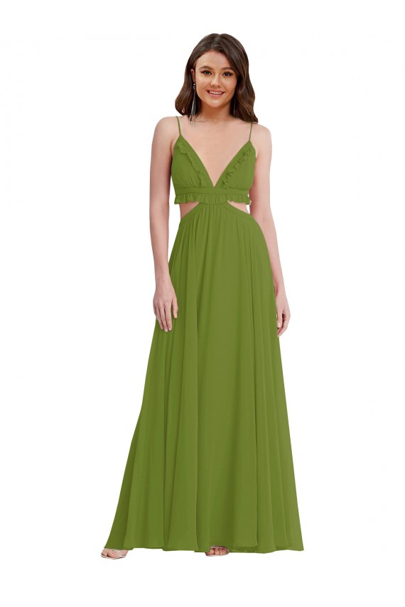 Verde Oliva línea A Cuello en V Gasa Largo Vestidos de dama de honor Outlet