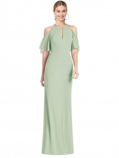 Verde Salvia Sirena Halter Gasa Largo Vestidos de dama de honor Outlet