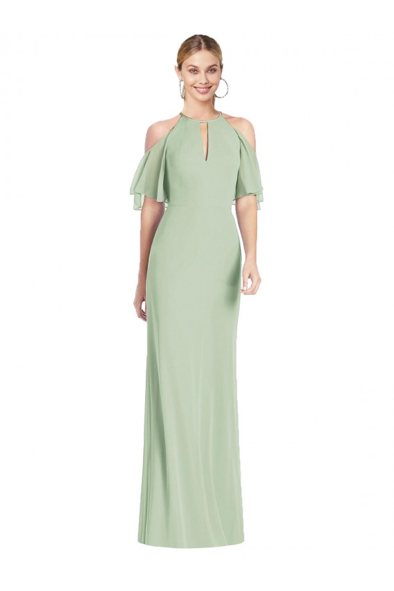 Verde Salvia Sirena Halter Gasa Largo Vestidos de dama de honor Outlet