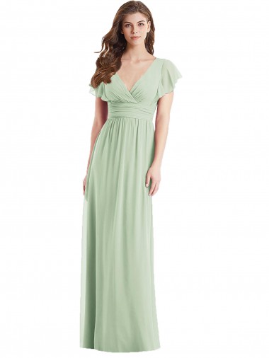 Verde Salvia Trompeta Cuello en V Gasa Largo Vestidos de dama de honor Outlet