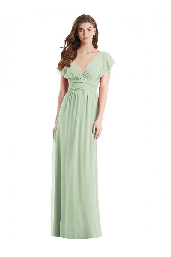 Verde Salvia Trompeta Cuello en V Gasa Largo Vestidos de dama de honor Outlet