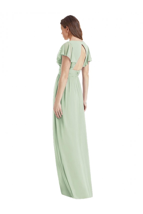 Verde Salvia Trompeta Cuello en V Gasa Largo Vestidos de dama de honor Outlet