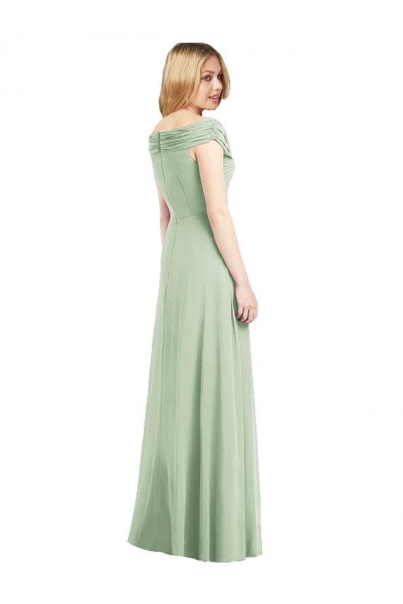 Verde Salvia Trompeta Hombros Descubiertos Gasa Largo Vestidos de dama de honor Outlet