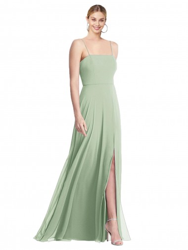 Verde Salvia Trompeta Tirantes espagueti Cuadrado Gasa Largo Formales Vestidos de dama de honor / Vestidos de noche Outlet