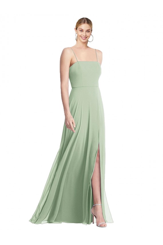 Verde Salvia Trompeta Tirantes espagueti Cuadrado Gasa Largo Formales Vestidos de dama de honor / Vestidos de noche Outlet