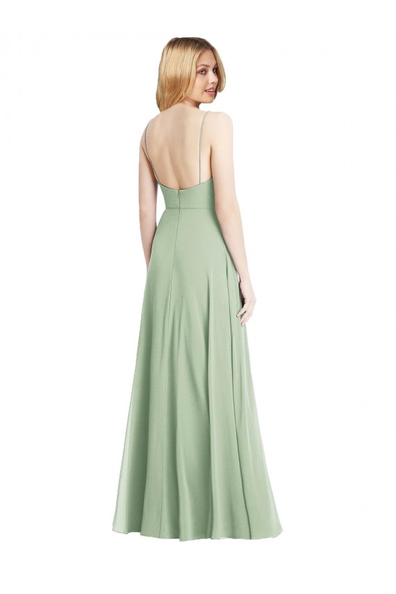 Verde Salvia Trompeta Tirantes espagueti Cuadrado Gasa Largo Formales Vestidos de dama de honor / Vestidos de noche Outlet