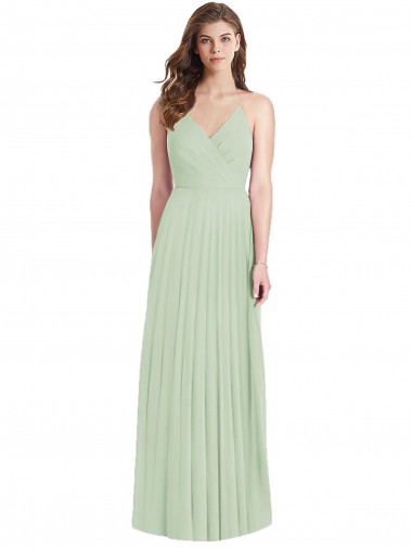 Verde Salvia Trompeta Tirantes espagueti Cuello en V Gasa Largo Vestidos de dama de honor Outlet