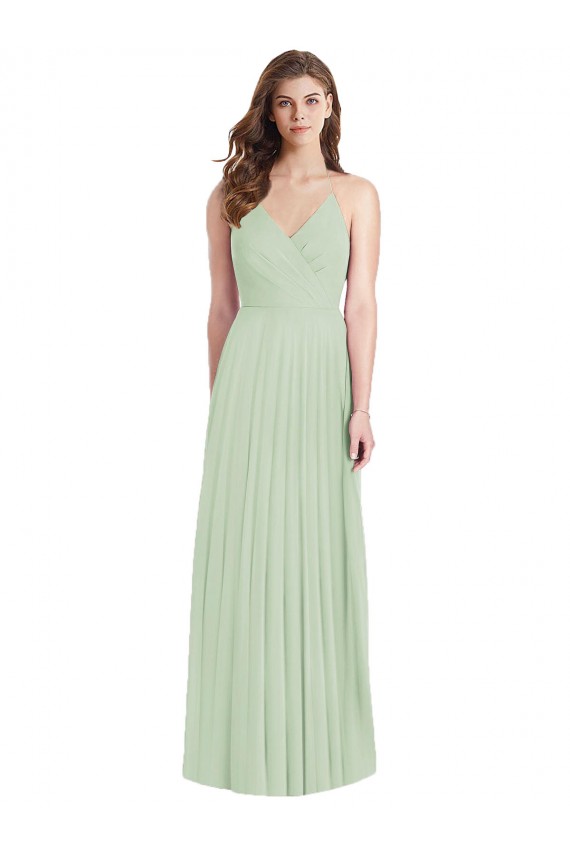 Verde Salvia Trompeta Tirantes espagueti Cuello en V Gasa Largo Vestidos de dama de honor Outlet