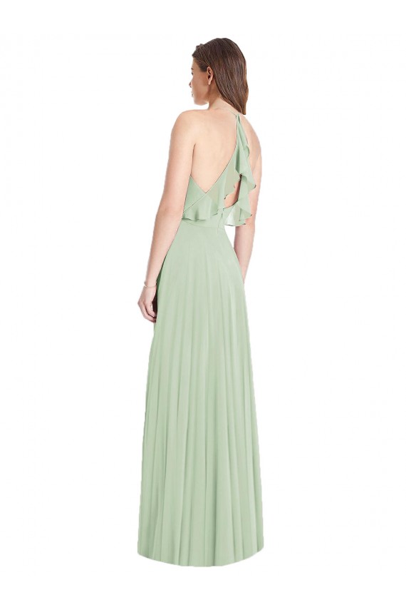 Verde Salvia Trompeta Tirantes espagueti Cuello en V Gasa Largo Vestidos de dama de honor Outlet