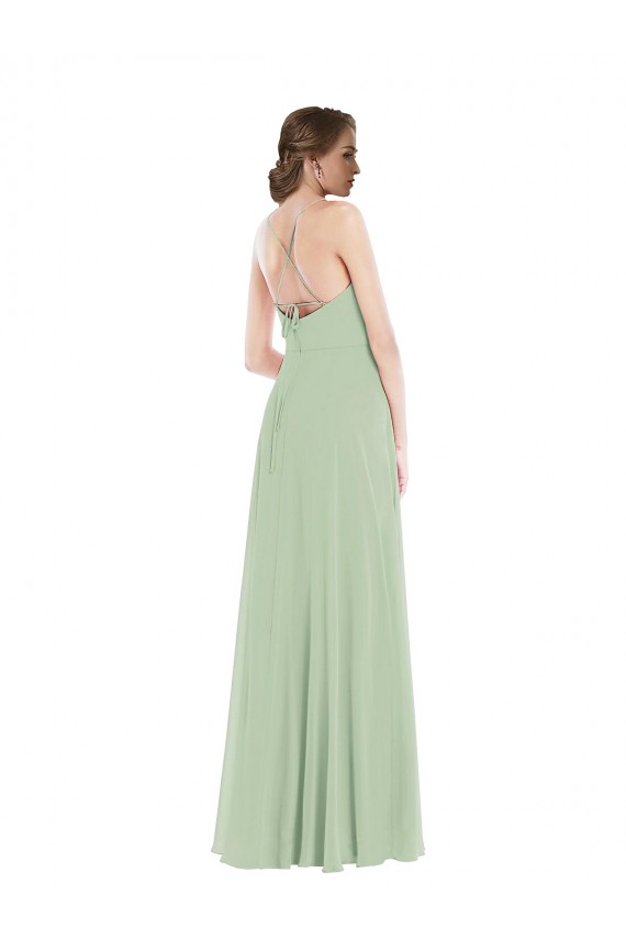 Verde Salvia línea A Cucharón Gasa Largo Vestidos de dama de honor Outlet