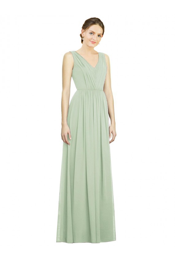 Verde Salvia línea A Cuello en V Gasa Largo Vestidos de dama de honor Outlet