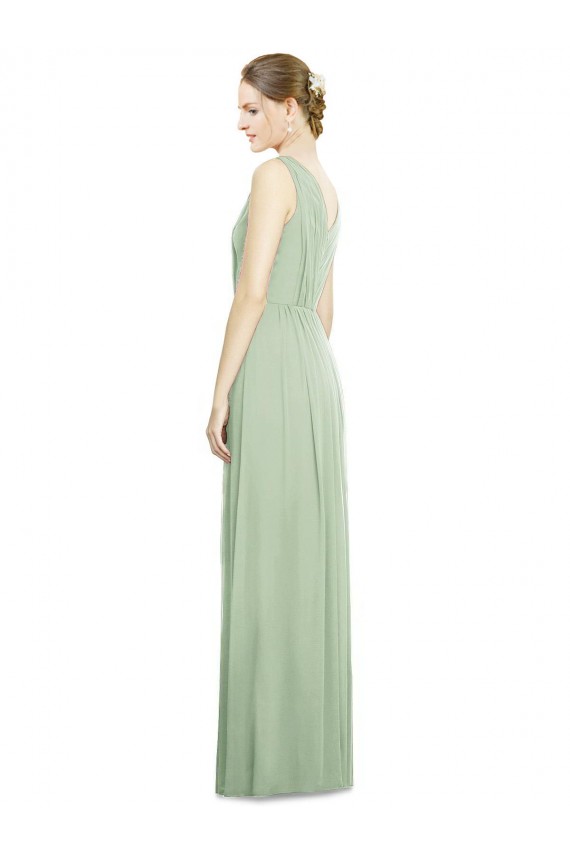 Verde Salvia línea A Cuello en V Gasa Largo Vestidos de dama de honor Outlet