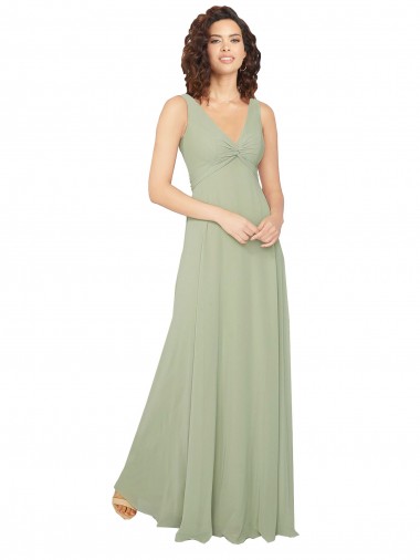 Verde Salvia línea A Cuello en V Gasa Largo Vestidos de dama de honor Outlet