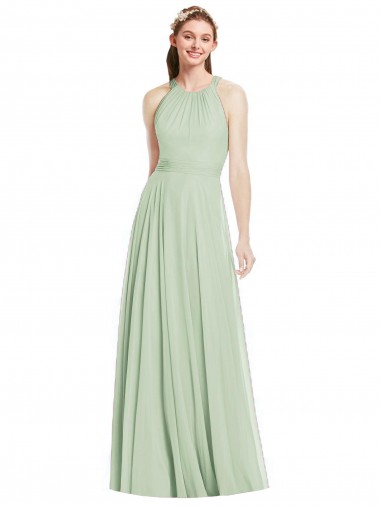 Verde Salvia línea A Halter Gasa Largo Vestidos de dama de honor Outlet