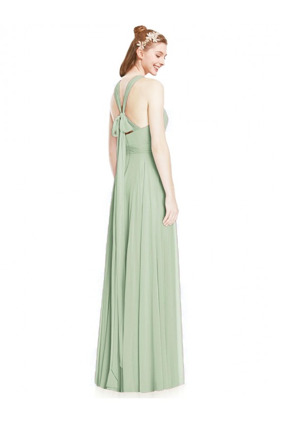 Verde Salvia línea A Halter Gasa Largo Vestidos de dama de honor Outlet