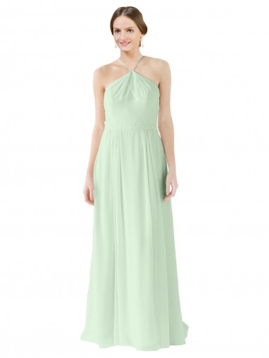 Verde Salvia línea A Halter Gasa Largo Vestidos de dama de honor Outlet