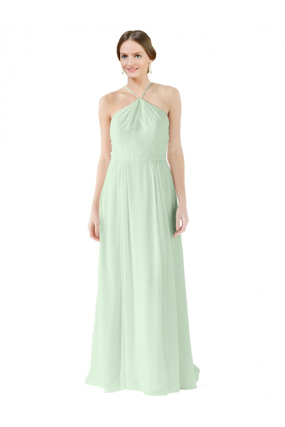 Verde Salvia línea A Halter Gasa Largo Vestidos de dama de honor Outlet