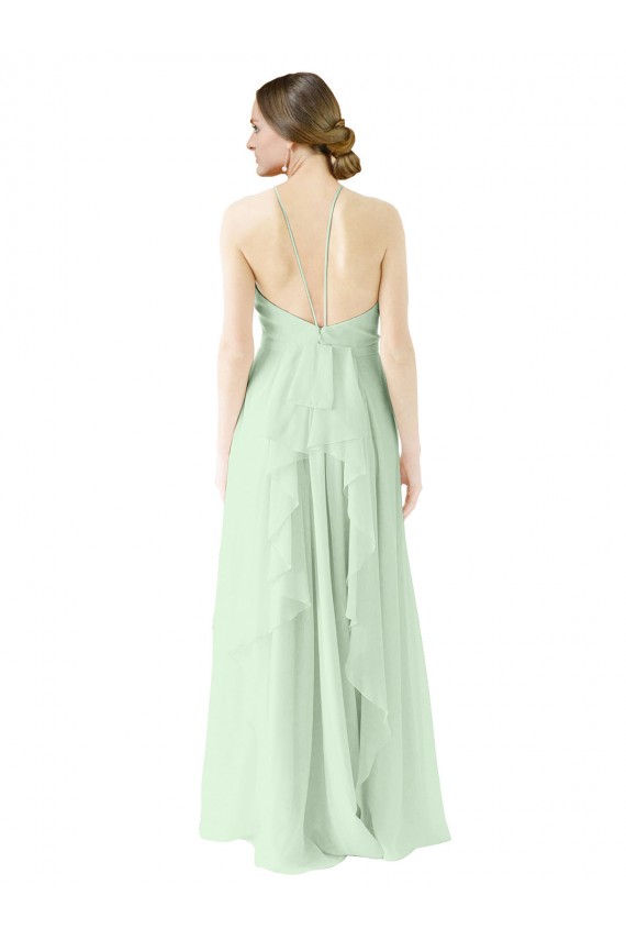 Verde Salvia línea A Halter Gasa Largo Vestidos de dama de honor Outlet