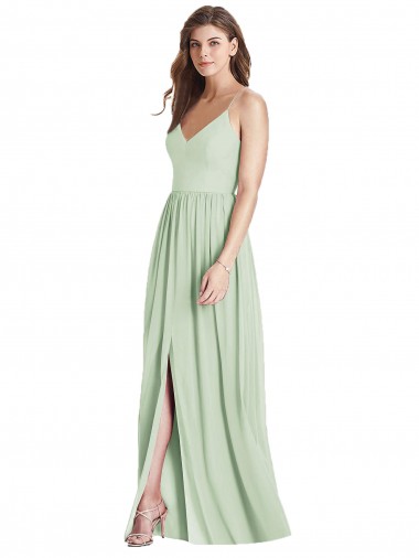 Verde Salvia línea A Tirantes espagueti Cuello en V Gasa Largo Vestidos de dama de honor Outlet