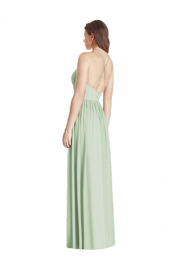 Verde Salvia línea A Tirantes espagueti Cuello en V Gasa Largo Vestidos de dama de honor Outlet