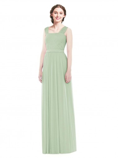 Verde Salvia línea A Tirantes espagueti Gasa Largo Vestidos de dama de honor Outlet