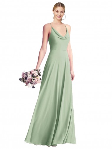 Verde Salvia línea A Tirantes espagueti Gasa Largo Vestidos de dama de honor Outlet