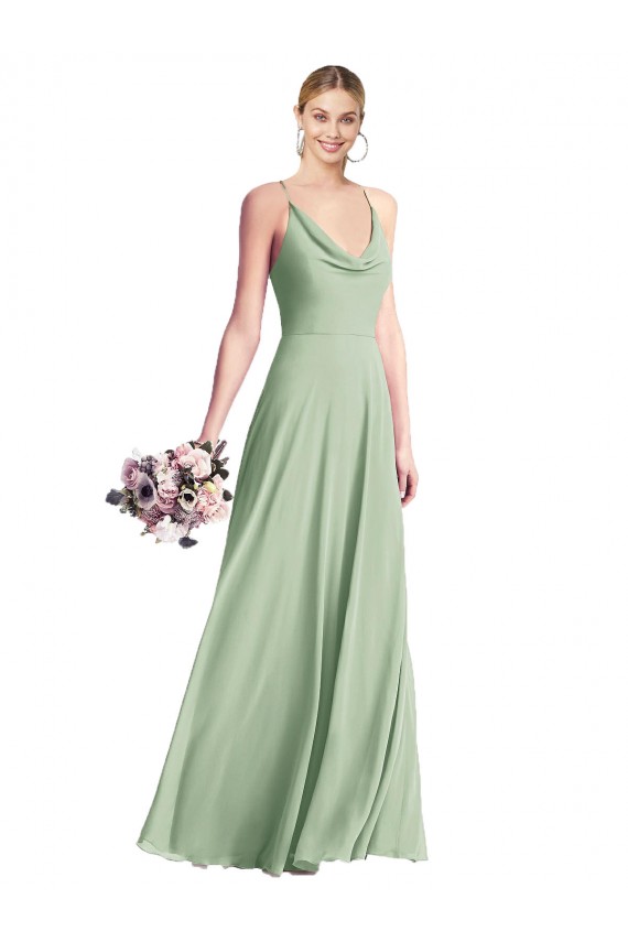 Verde Salvia línea A Tirantes espagueti Gasa Largo Vestidos de dama de honor Outlet