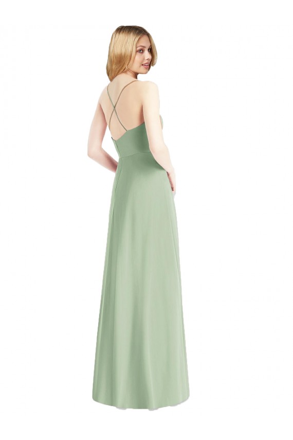 Verde Salvia línea A Tirantes espagueti Gasa Largo Vestidos de dama de honor Outlet